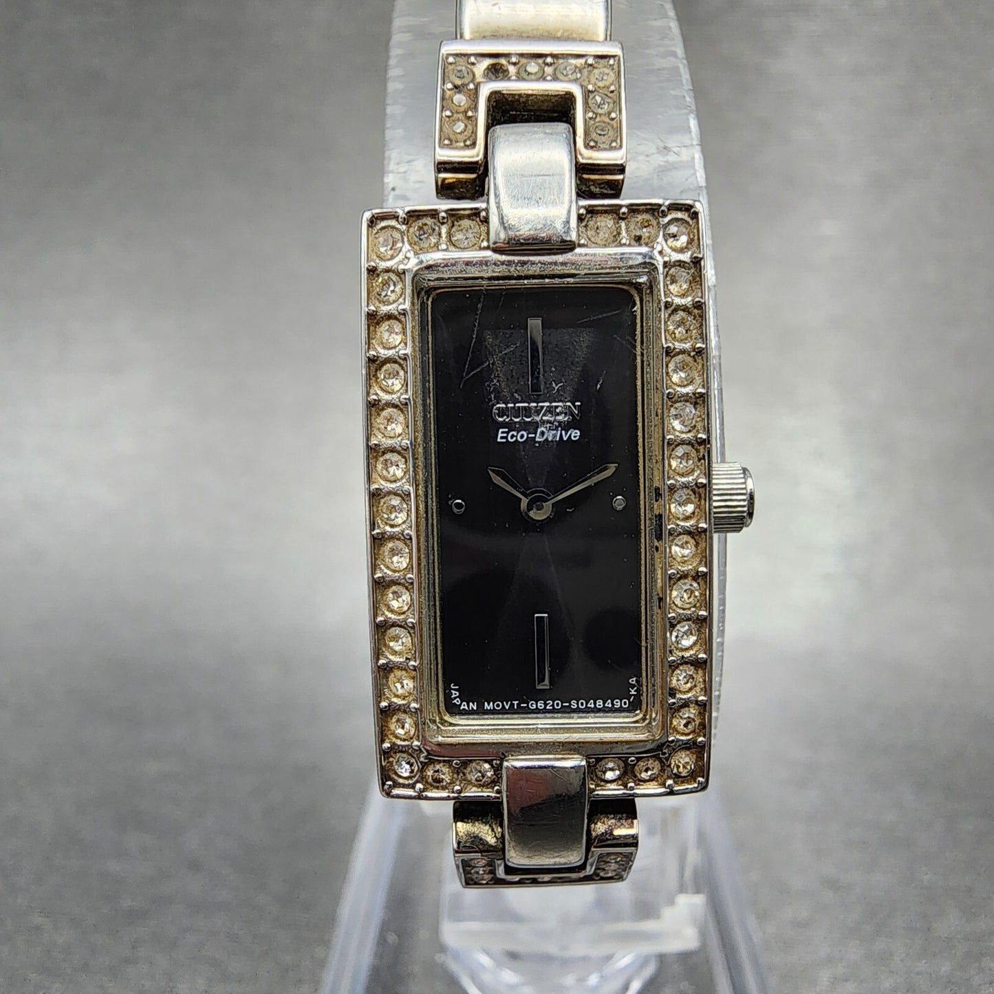 Citizen Eco-Drive Tank Watch Women 14mm Black Dial Steel Rectangle Crystals Runs