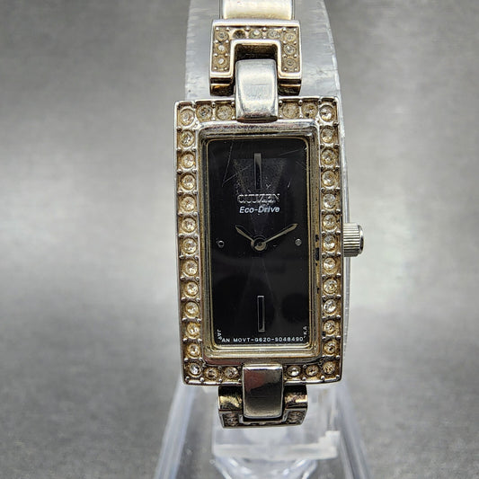 Citizen Eco-Drive Tank Watch Women 14mm Black Dial Steel Rectangle Crystals Runs