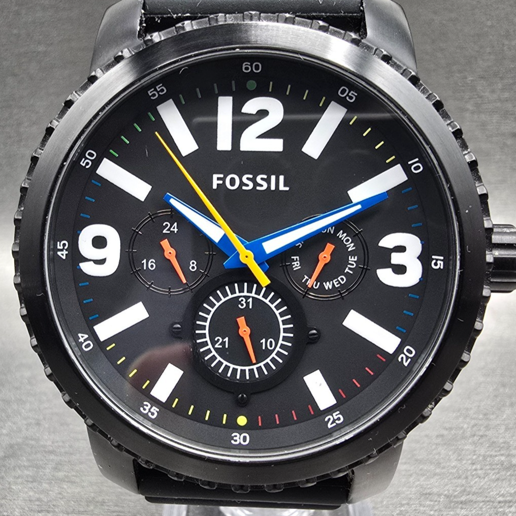 Fossil Watch Men 50mm Black Dial Black Tone Daydate Round BQ2357 New Battery1