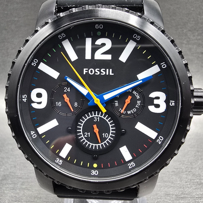 Fossil Watch Men 50mm Black Dial Black Tone Daydate Round BQ2357 New Battery1