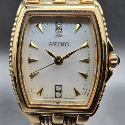 Seiko Watch Women 20mm MOP Dial Gold Tone Gemmed Rectangle 1N01-0HL0 New Battery1