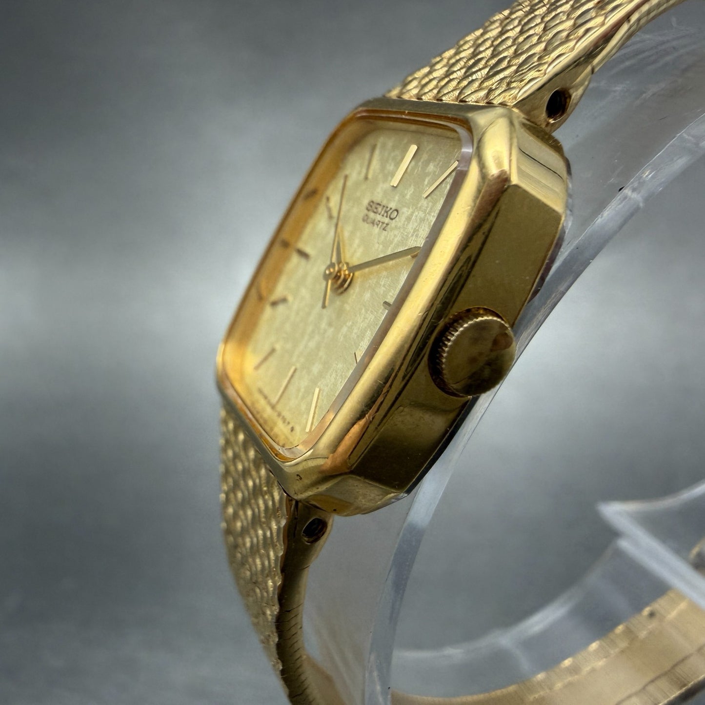 Seiko Watch Women 19mm Champagne Dial Gold Tone Rectangle 5421-5060 New Batt H5S2