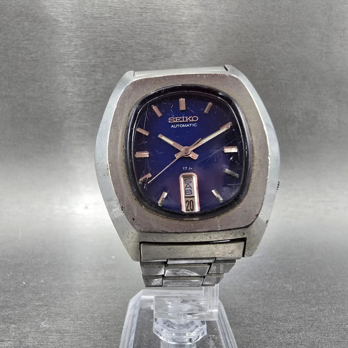 Seiko Automatic Watch Men 37mm Blue Dial Silver Daydate 7009-5059 Oval Runs VTG5