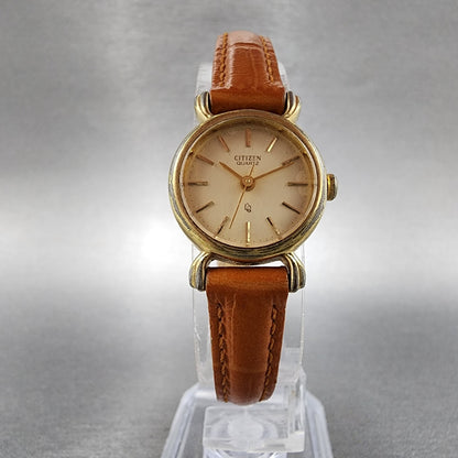 Citizen CQ Watch Women 20mm Champagne Dial Gold Tone Round 4106113 New Batt5