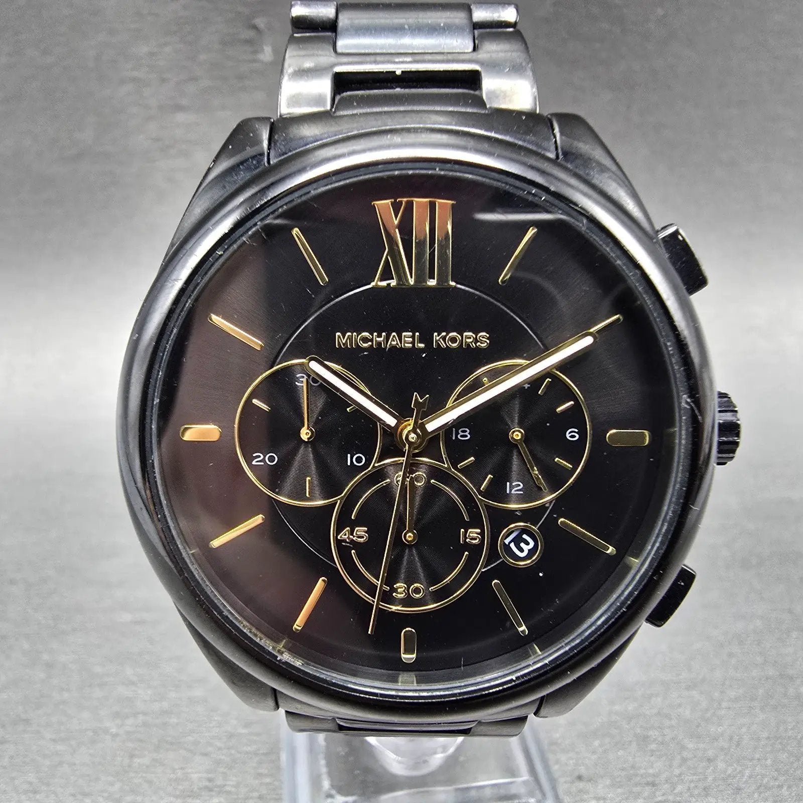 Michael Kors Chronograph Watch Women 42mm Black Dial Black Tone MK-7110 NewBatt0