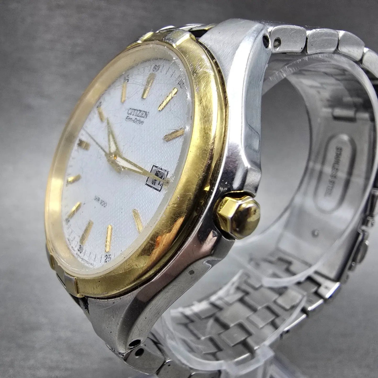 Citizen Eco-Drive Watch Men 38mm White Dial Two Tone Date E111-S049521 Runs NKJN2
