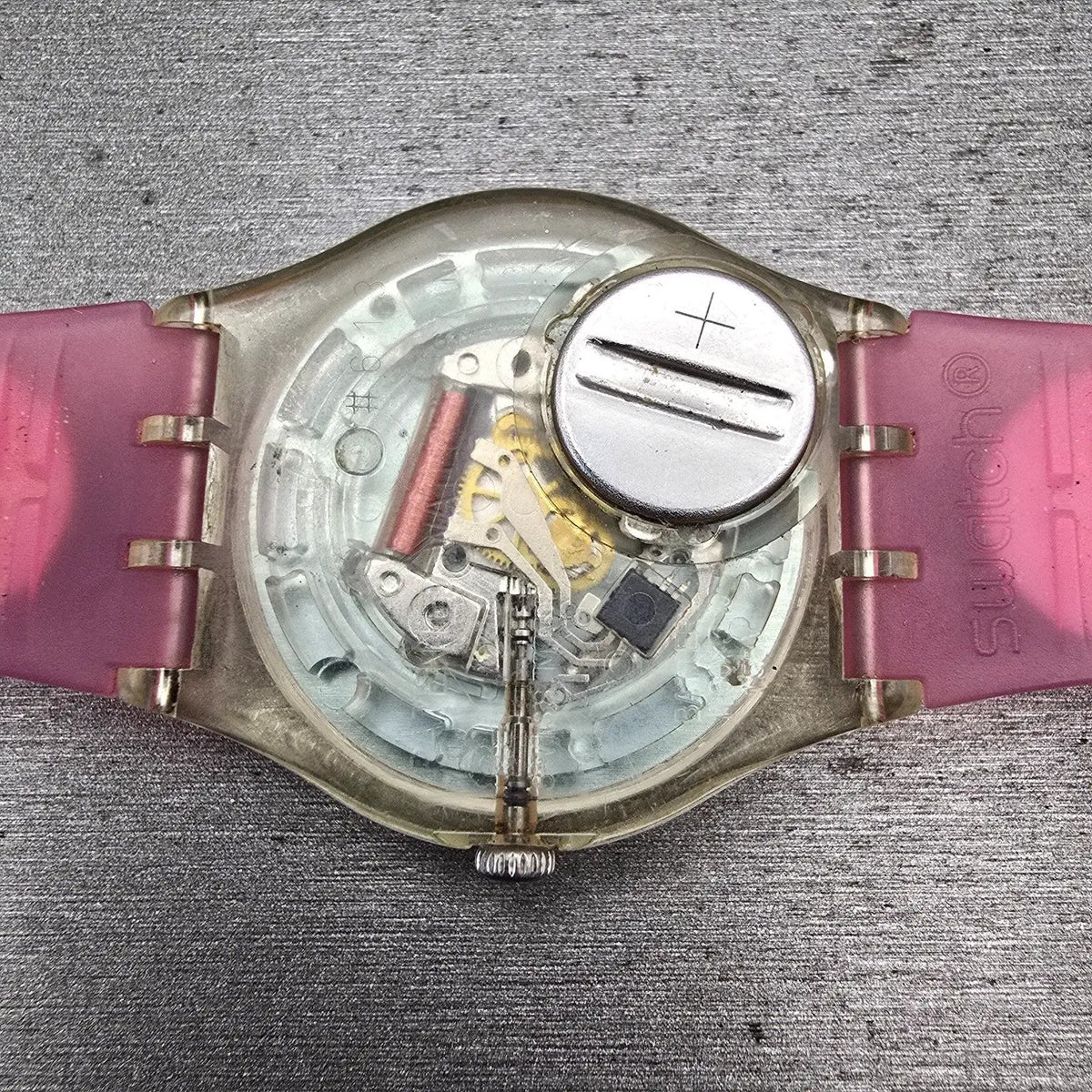 Swatch Pink Candy Watch Women 34mm White Dial Clear Case Round GE177 New Battery10