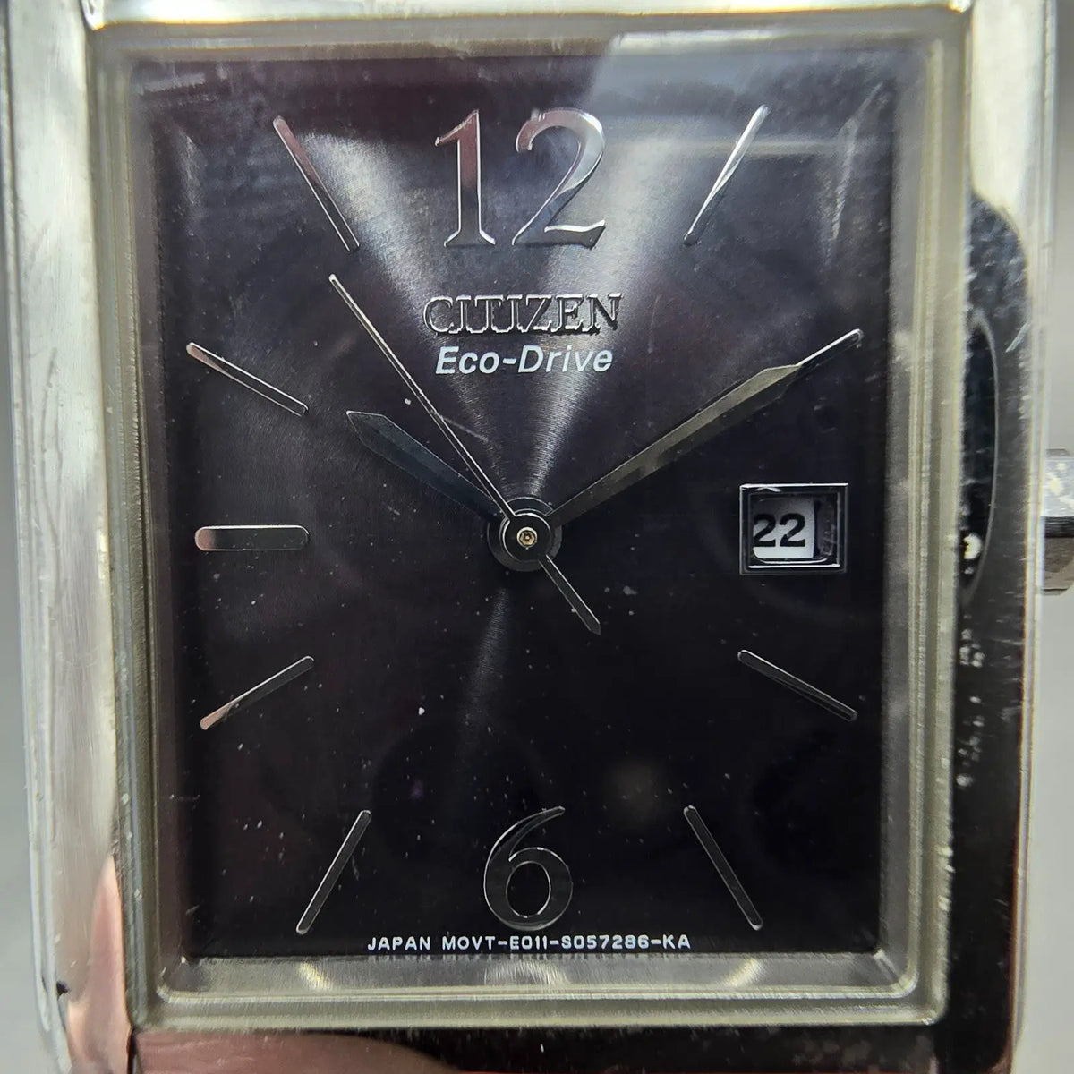 Citizen Eco-Drive Tank Watch Men 26mm Black Dial Silver Date Rectangle Runs JP2