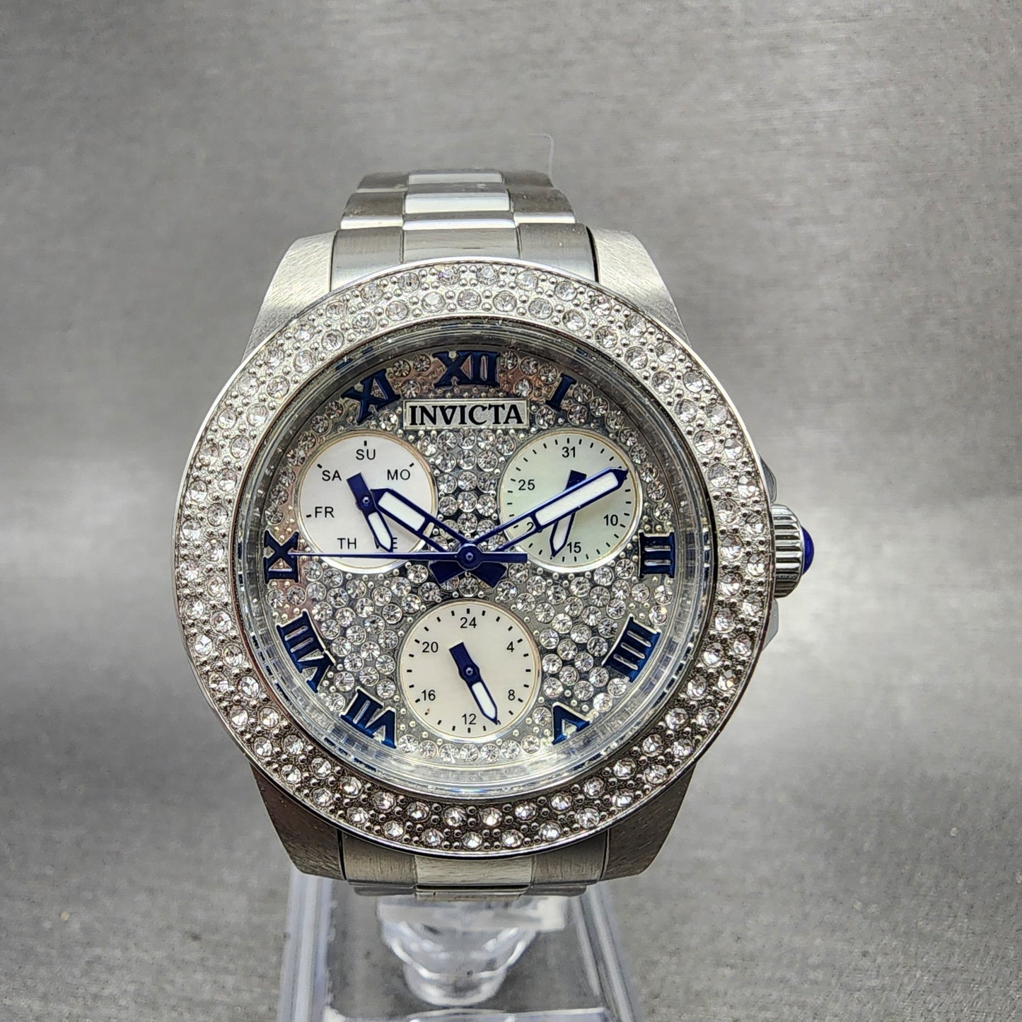 Invicta Angel Watch Women 35mm Silver Dial Steel Crystal Accents Daydate New Bat0