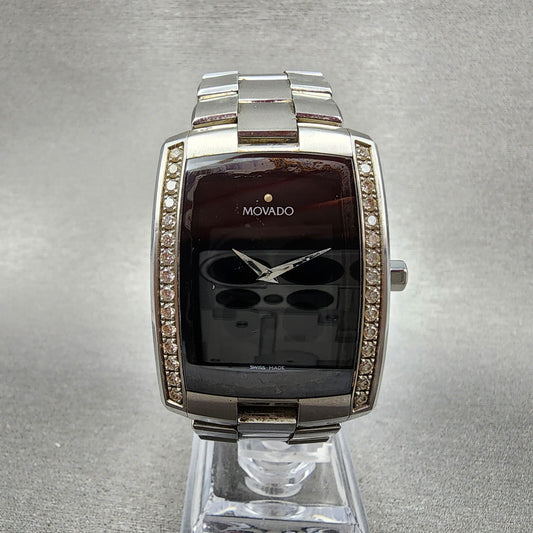 Movado Eliro Watch Men 31mm Black Dial Steel Diamond Bezel 84 C6 1452 New Batt0