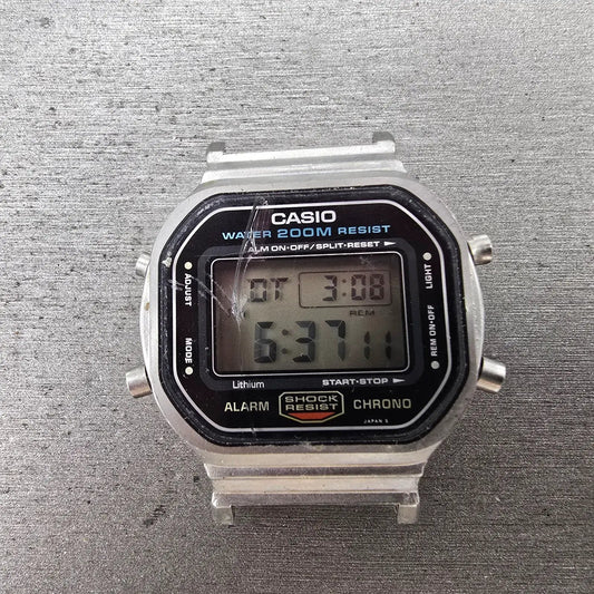 Casio DW-5600 Watch Men 38mm Silver Digital Alarm Chrono 691 New Battery CRACKED0