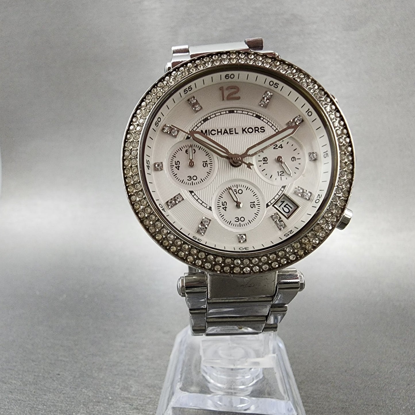Michael kors Parker Chronograph Watch Women 39mm White Dial Steel Date New Batt5