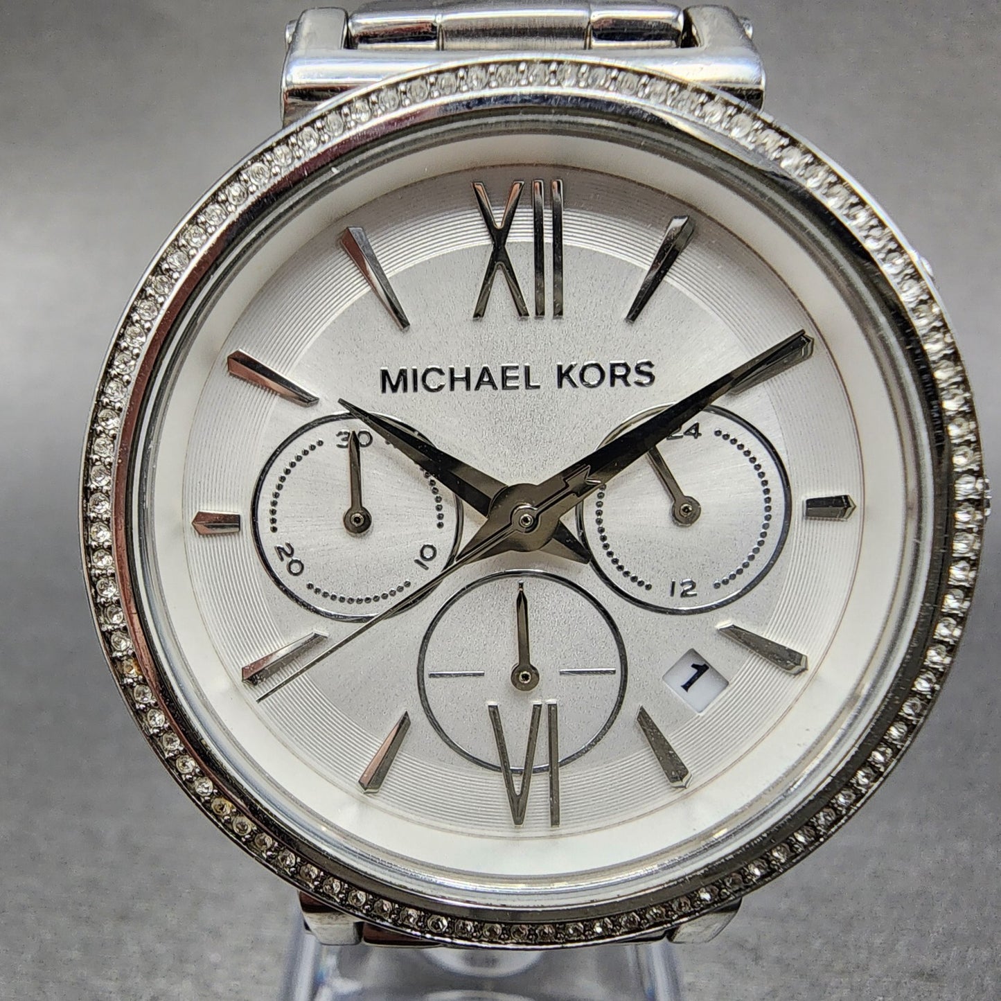 Michael Kors Sofie Watch Women 38mm White Dial Steel Date Chronograph New Batt