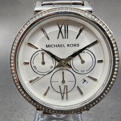 Michael Kors Sofie Watch Women 38mm White Dial Steel Date Chronograph New Batt