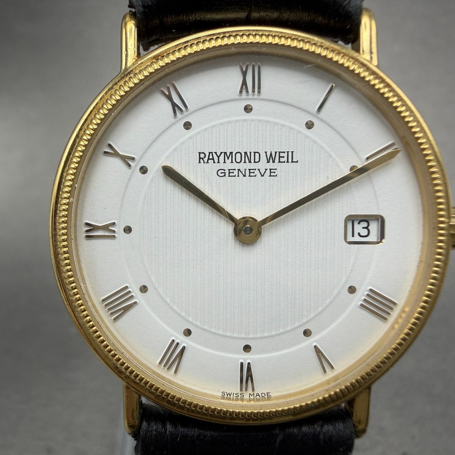 Raymond Weil Watch Men 32mm White Dial Gold Plated Date Round 5514-1 New Battery1