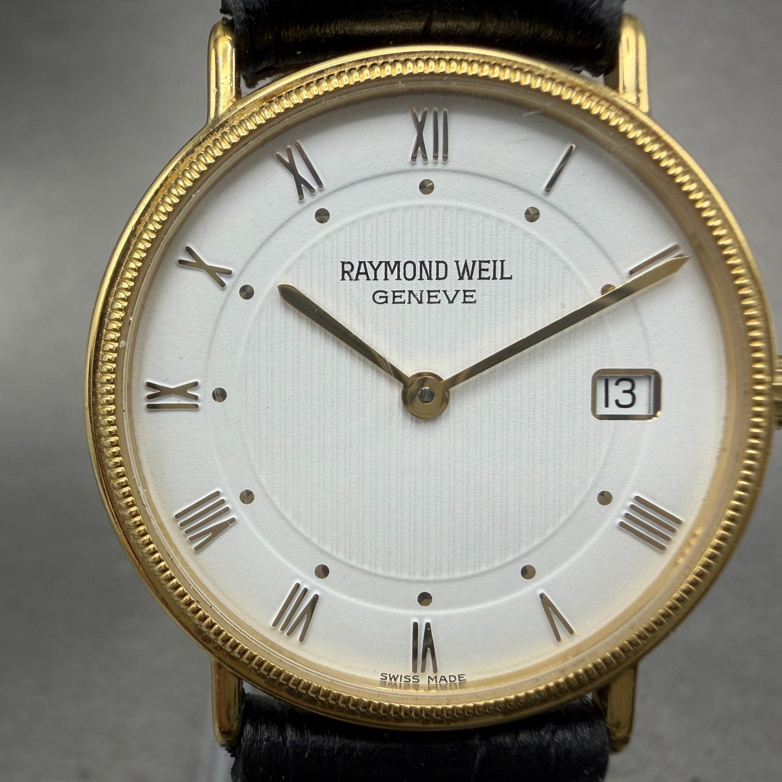 Raymond Weil Watch Men 32mm White Dial Gold Plated Date Round 5514-1 New Battery1