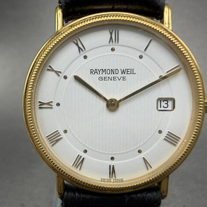 Raymond Weil Watch Men 32mm White Dial Gold Plated Date Round 5514-1 New Battery1