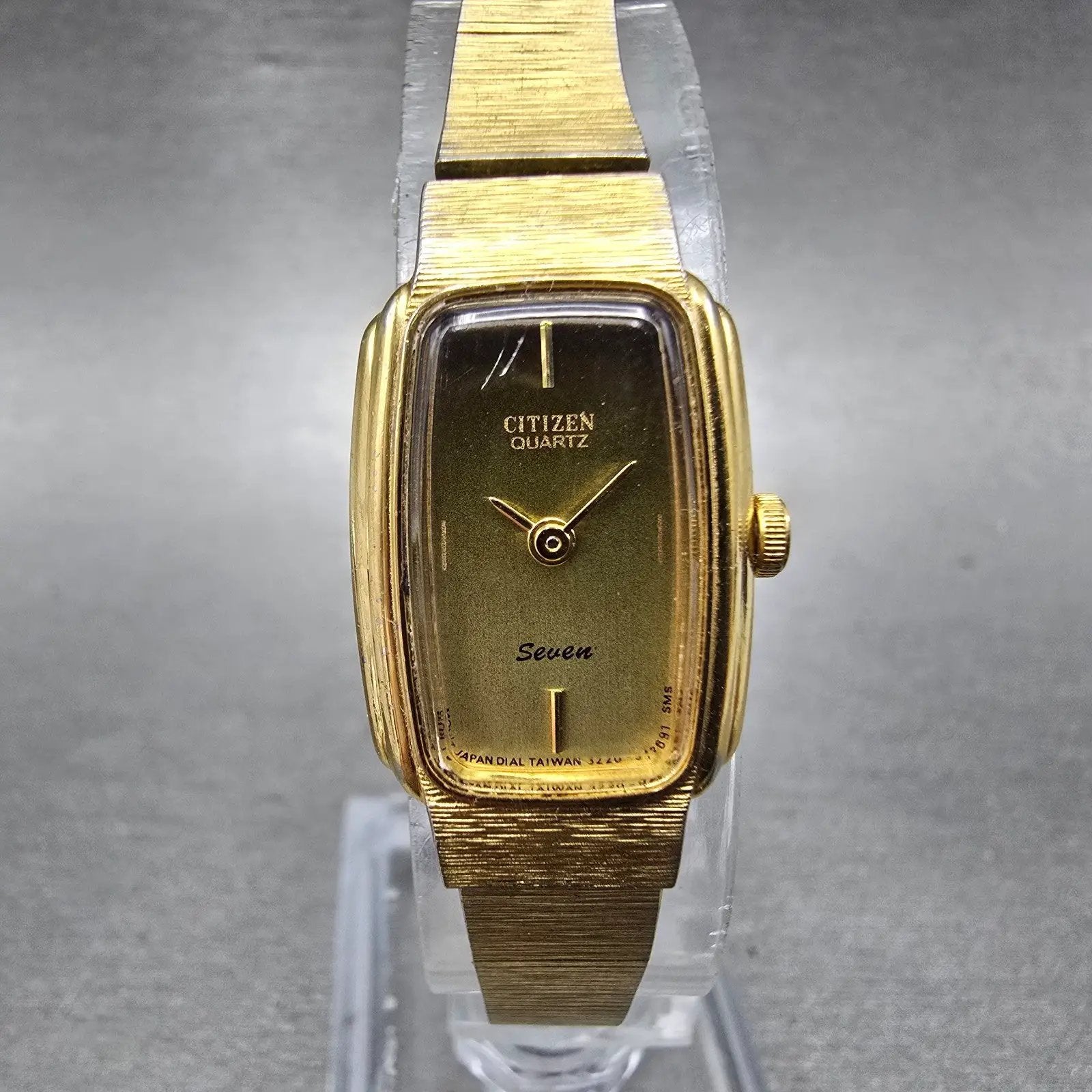 Citizen Seven Tank Watch Women 16mm Brown Dial Gold Tone 3220-949650 New Battery0
