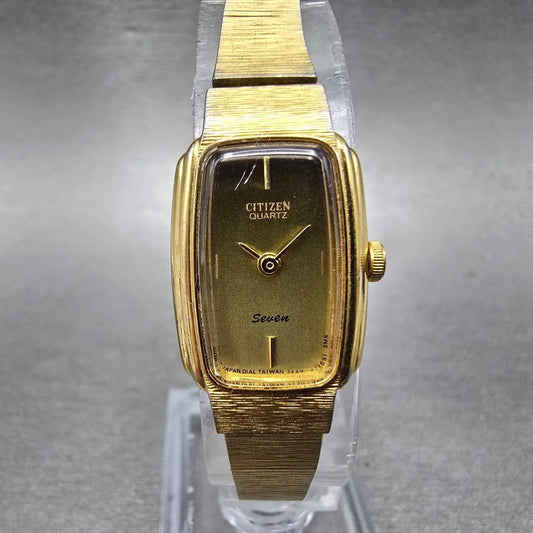 Citizen Seven Tank Watch Women 16mm Brown Dial Gold Tone 3220-949650 New Battery0