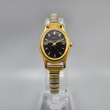 VTG Seiko Watch Women 20mm Black Dial Gold Tone Oval 4N01-5060 New Battery