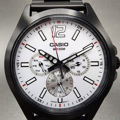 Casio MTPE350 Watch Men 39mm White Dial Black Steel Daydate Metal Bracelet1