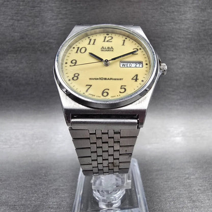 Seiko Alba Watch Men 36mm Luminous Dial Silver Tone Daydate V743-8A10 New Batt F5