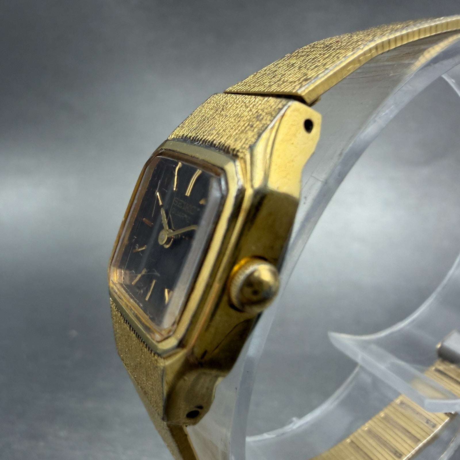 Seiko Tank Watch Women 17mm Brown Dial Gold Tone Rectangle 5420-5019 New Batt B22