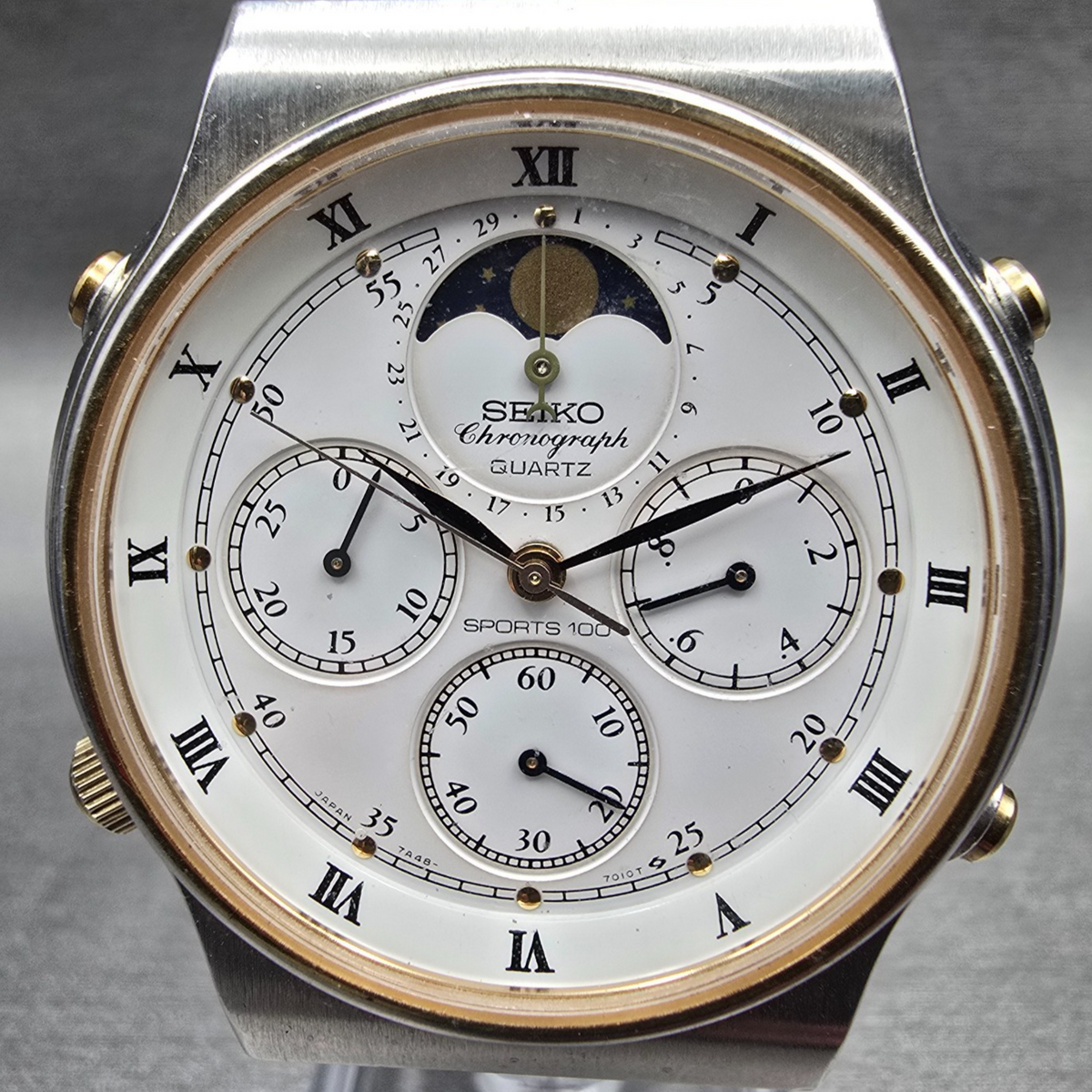Seiko Sports 100 Watch Men 39mm White Dial Chrono Moon Phase 7A48-7009 New Batt1