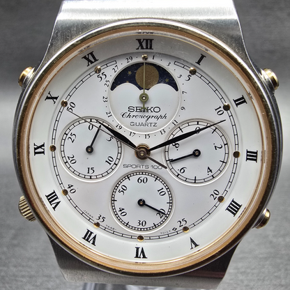Seiko Sports 100 Watch Men 39mm White Dial Chrono Moon Phase 7A48-7009 New Batt1