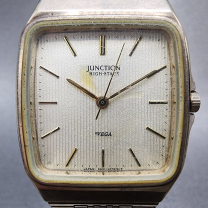 Vega Junction Tank Watch Men 29mm Cream Dial Gold Tone Rectangle New Battery1