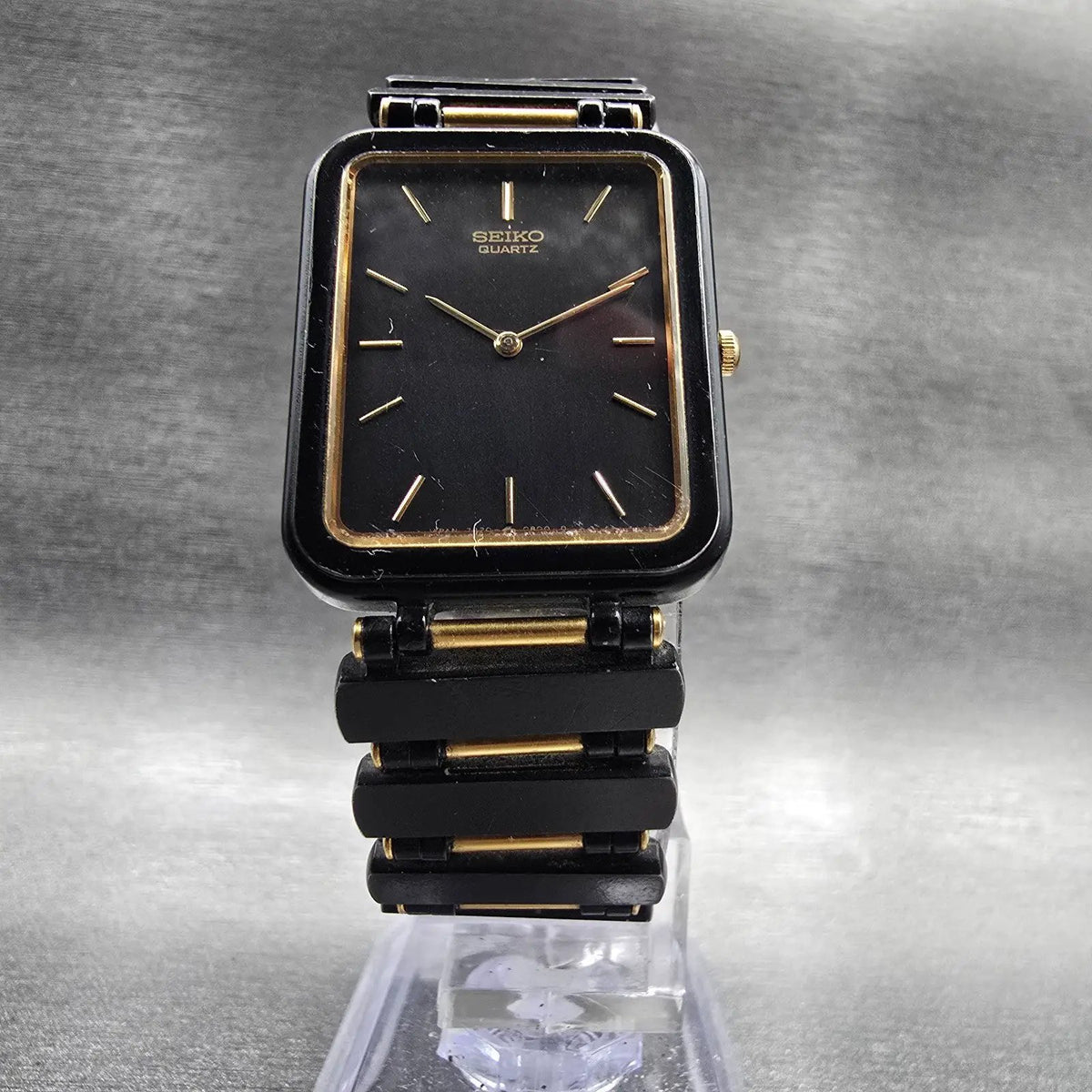 Seiko Tank Watch Men 24mm Black Dial Two Tone Rectangle 7320-5989 New Battery5