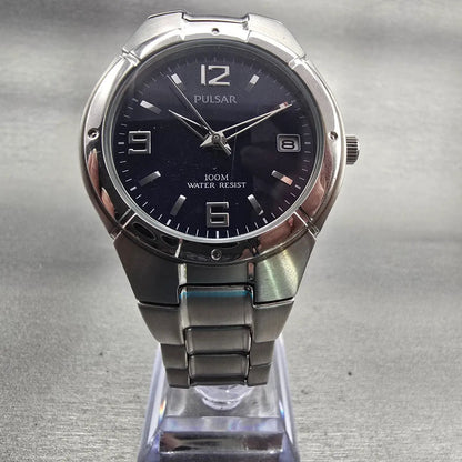 Seiko Pulsar Watch Men 37mm Blue Dial Silver Tone Date Round VX42-X051 New Batt5