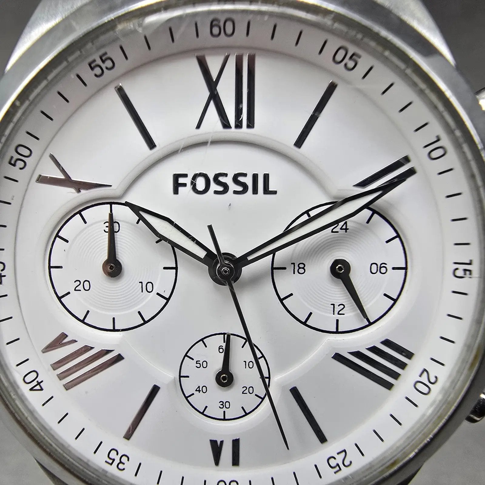Fossil Chronograph Watch Women 36mm White Dial Silver Tone BQ3122 New Battery1