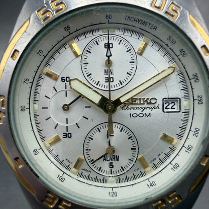 Seiko Chronograph Watch Men 42mm White Dial Two Tone Date 7T62-0CD0 New Battery1