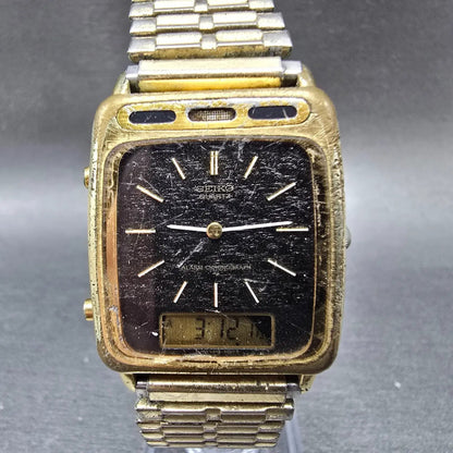 Seiko Analog Digital Watch Men 28mm Black Dial Gold H249 Movement H249-5020 PART0