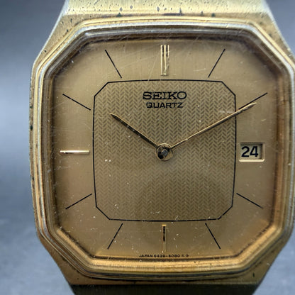 Seiko Tank Watch Men 29mm Champagne Dial Gold Tone Date Octagon 6439-5039 PARTS2