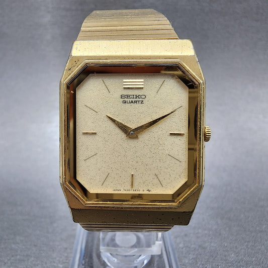 Seiko Tank Watch Men 26mm White Dial Gold Tone Rectangle 7430-5409 New Battery