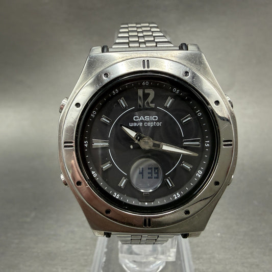 Casio Wave Ceptor Watch Women 35mm Black Dial Silver Tone Analog Digital WorksAB0