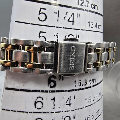Seiko Solar Watch Women 22mm MOP Dial Two Tone Rectangle Diamonds Works BFSOK11