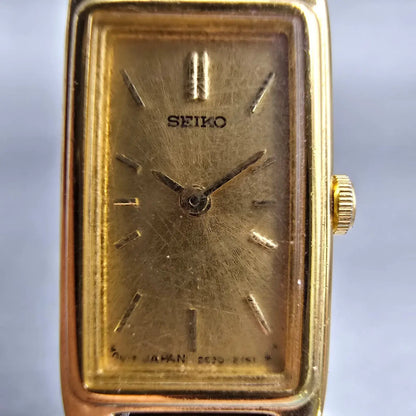 Seiko Watch Women 13mm Gold Dial Gold Tone Rectangle 2E20-7021 New Battery VTG1