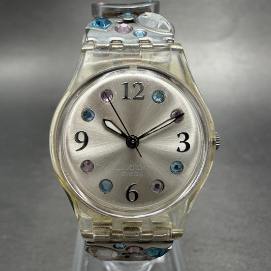 Swatch Menthol Tone Watch Women 25mm Silver Dial Clear Case LK292G New BatteryJK0