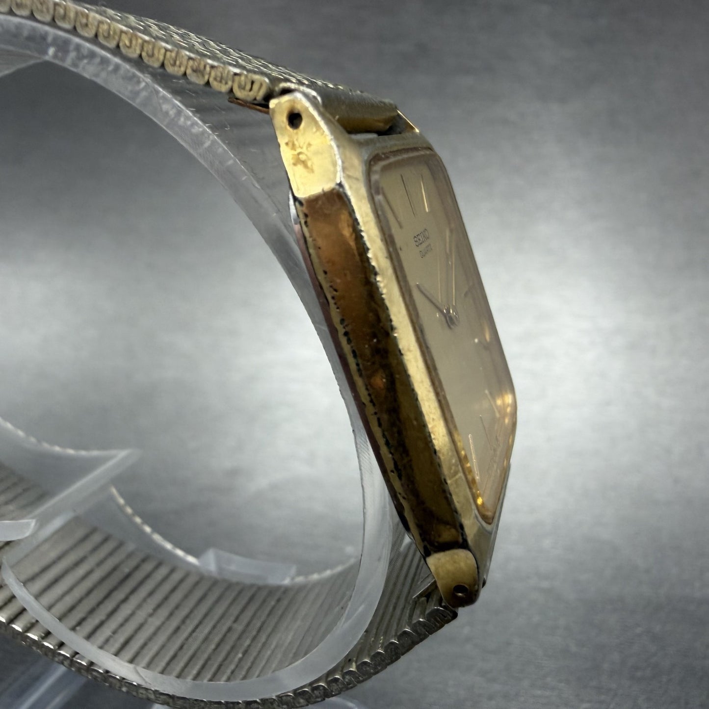 Seiko Tank Watch Men 26mm Champagne Dial Gold Tone Rectangle 6530-5500 New Batt3