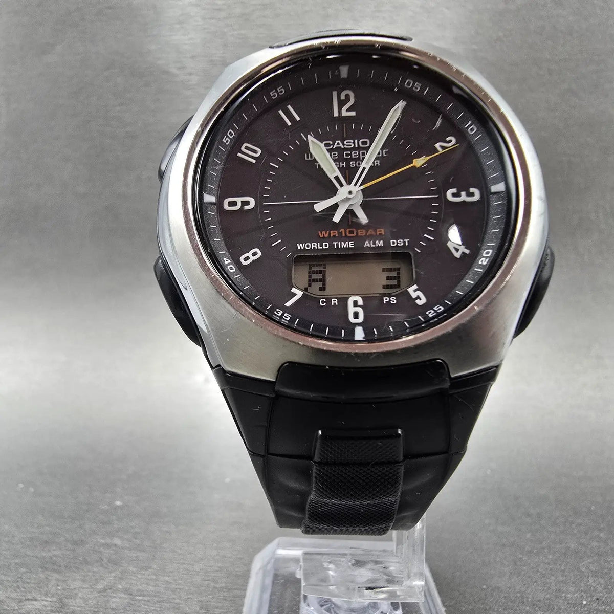Casio Wave Ceptor WVA-430 Watch Men 43mm Black Dial Silver Analog Digi Solar JDM5