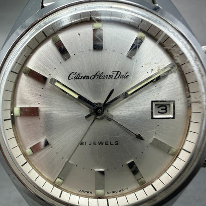 Citizen Alarm Date Watch Men 37mm White Dial Silver Tone Manual Wind 21 J PARTS2