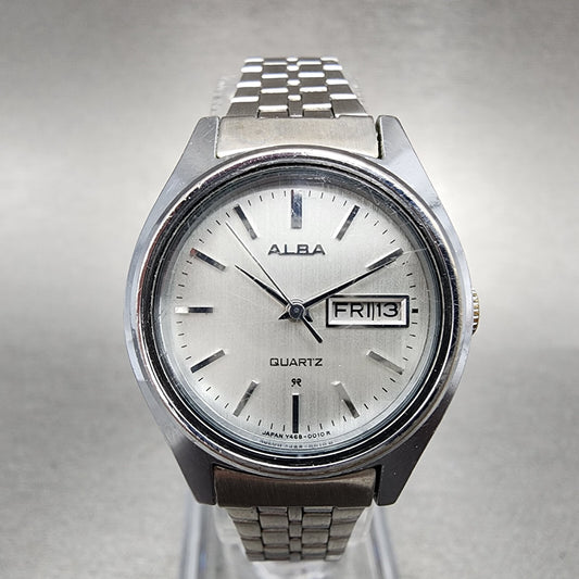 Seiko ALBA Watch Women 25mm Silver Dial Silver Tone Daydate Round New Battery0