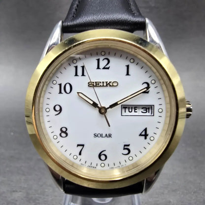Seiko Solar Watch Men 37mm White Dial Two Tone Daydate Round V158-0AB0 Runs JP0