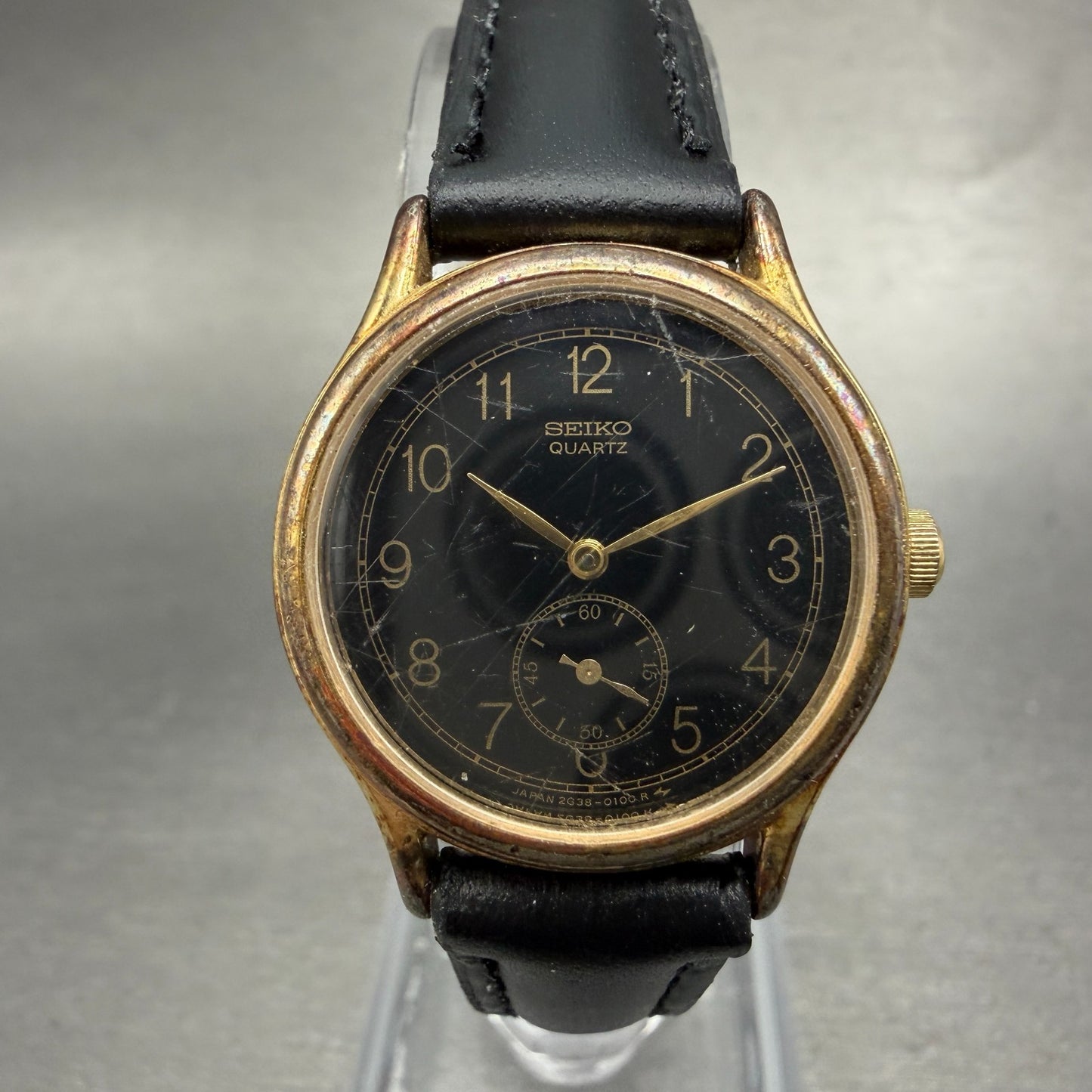 Seiko Watch Women 24mm Black Dial Gold Tone Round 2G38-0050 New Battery Vintage0