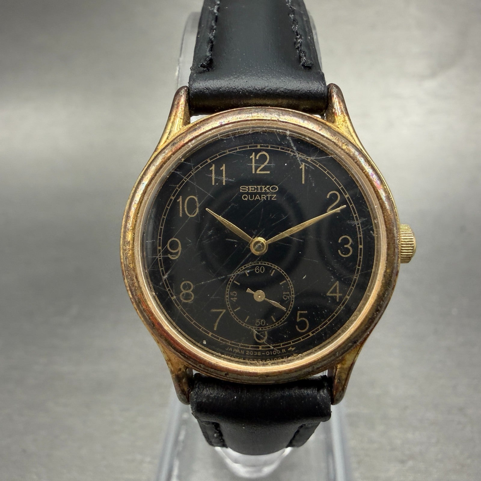 Seiko Watch Women 24mm Black Dial Gold Tone Round 2G38-0050 New Battery Vintage0