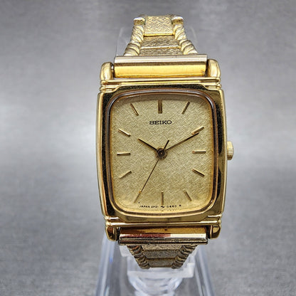 Seiko Watch Women 19mm Champagne Dial Gold Tone Rectangle 2P215210 New Battery0
