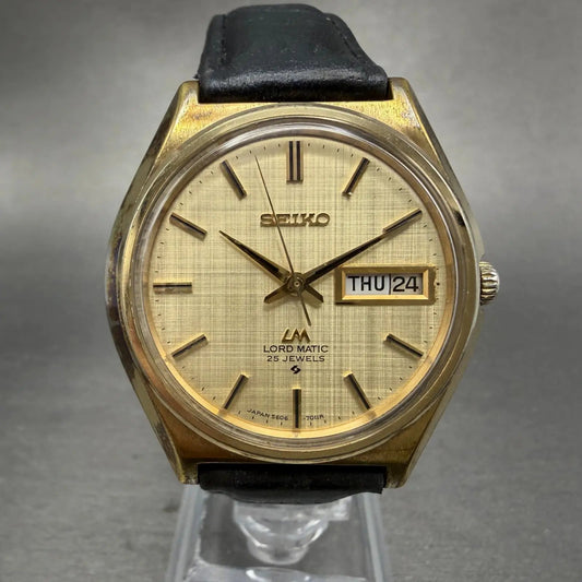Seiko Lord Matic Watch Men 36mm Champagne Dial Gold Tone Daydate 5606-7010 Runs0